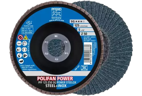 Ściernica listkowa POLIFAN POWER PFF 125 x 22,23 mm płaska Z50 linia wydajna SG STEELOX do stali/stali szlachetnej 1