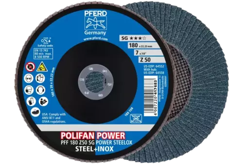 Ściernica listkowa POLIFAN POWER PFF 180 x 22,23 mm płaska Z50 linia wydajna SG STEELOX do stali/stali szlachetnej 1