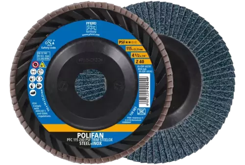 Ściernica listkowa POLIFAN PFC 115 x 22,23 mm stożkowa Z40 linia uniwersalna PSF TRIM STEELOX do stali/stali szlachetnej 1