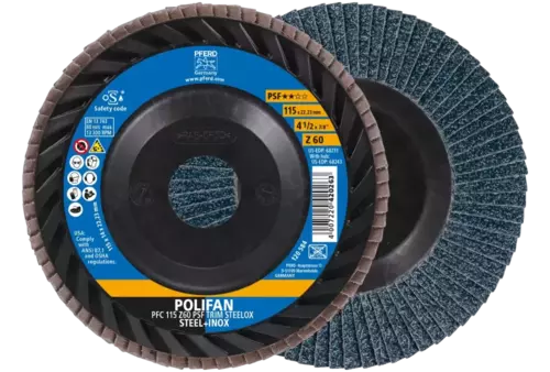 Ściernica listkowa POLIFAN PFC 115 x 22,23 mm stożkowa Z60 linia uniwersalna PSF TRIM STEELOX do stali/stali szlachetnej 1
