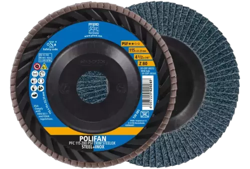 Ściernica listkowa POLIFAN PFC 115 x 22,23 mm stożkowa Z80 linia uniwersalna PSF TRIM STEELOX do stali/stali szlachetnej 1