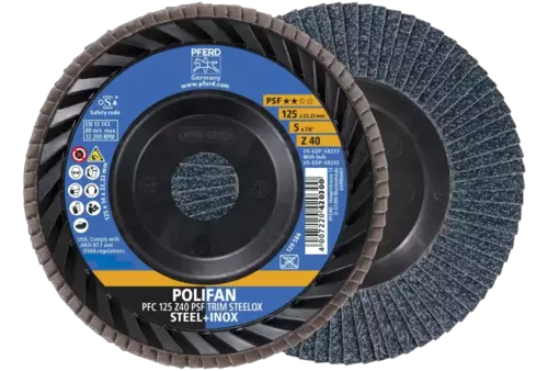 Ściernica listkowa POLIFAN PFC 125 x 22,23 mm stożkowa Z40 linia uniwersalna PSF TRIM STEELOX do stali/stali szlachetnej 1