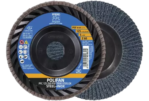 Ściernica listkowa POLIFAN PFC 125 x 22,23 mm stożkowa Z60 linia uniwersalna PSF TRIM STEELOX do stali/stali szlachetnej 1