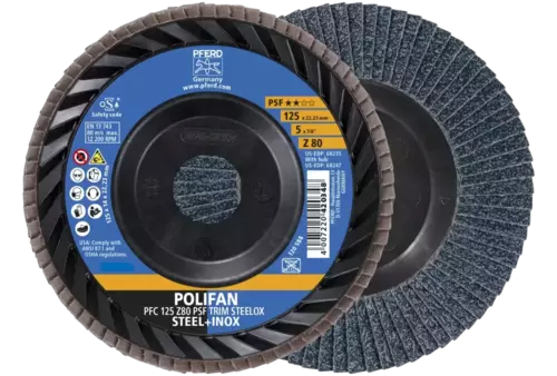 Ściernica listkowa POLIFAN PFC 125 x 22,23 mm stożkowa Z80 linia uniwersalna PSF TRIM STEELOX do stali/stali szlachetnej 1