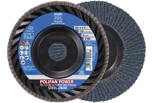 Ściernica listkowa POLIFAN POWER PFC 125 x 22,23 mm stożkowa Z60 linia wydajna SG TRIM STEELOX do stali/stali szlachetnej 1