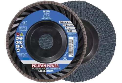 Ściernica listkowa POLIFAN POWER PFC 125 x 22,23 mm stożkowa Z80 linia wydajna SG TRIM STEELOX do stali/stali szlachetnej 1