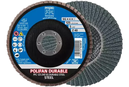 Ściernica listkowa POLIFAN POWER PFC 125 x 22,23 mm stożkowa Z40 linia wydajna SG DURABLE STEEL do stali 1