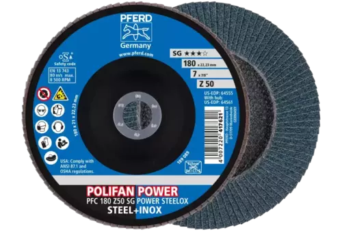 Ściernica listkowa POLIFAN POWER PFC 180 x 22,23 mm stożkowa Z50 linia wydajna SG STEELOX do stali/stali szlachetnej 1