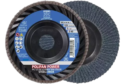 Ściernica listkowa POLIFAN POWER PFC 125 x 22,23 mm stożkowa Z40 linia wydajna SG TRIM STEELOX do stali/stali szlachetnej 1