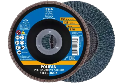 Ściernica listkowa POLIFAN PFC 125 × 22,23 mm stożkowa Z40 linia uniwersalna PSF STEELOX stal/stal nierdzewna 1