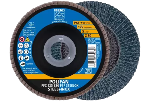 Ściernica listkowa POLIFAN PFC 125 × 22,23 mm stożkowa Z80 linia uniwersalna PSF STEELOX stal/stal nierdzewna 1