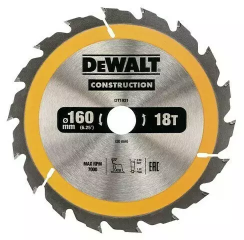 Piła tarczowa do cięcia drewna ø160x20x2,5mm 18 zębów CONSTRUCTION DeWALT DT1931 1
