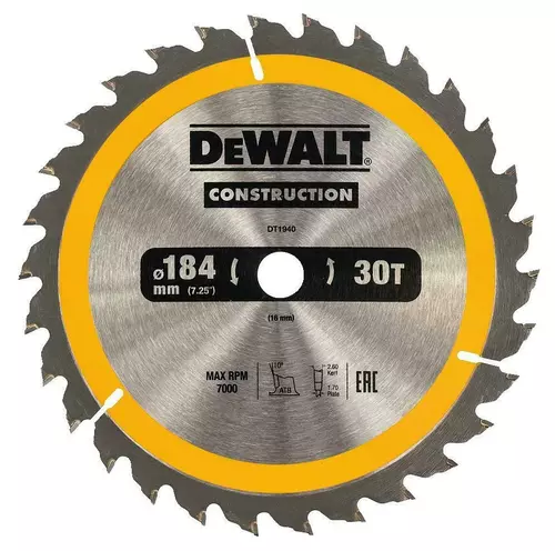 Piła tarczowa do cięcia drewna ø184x16x1,70mm, grubość cięcia 2,6mm, 30 zębów, CONSTRUCTION DeWALT DT1940 1