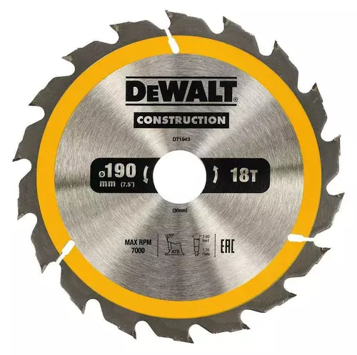 Piła tarczowa do cięcia drewna ø190x30x1,70mm, grubość cięcia 2,6mm, 18 zębów, CONSTRUCTION DeWALT DT1943 1