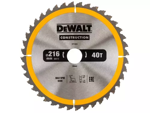Piła tarczowa do cięcia drewna ø216x30x1,70mm, grubość cięcia 2,6mm, 40 zębów, CONSTRUCTION DeWalt DT1953 1