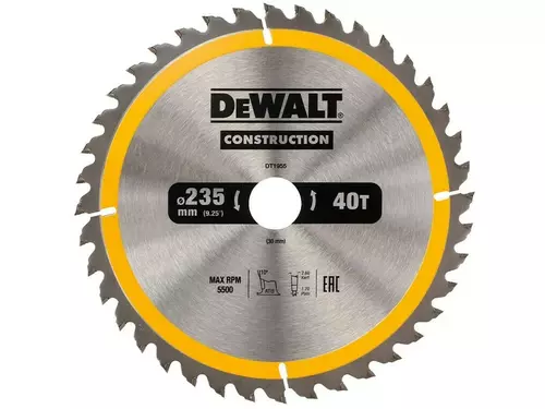 Piła tarczowa do cięcia drewna ø235x30x1,7mm grubość cięcia 2,6mm, 40 zębów CONSTRUCTION DeWalt DT1955 1