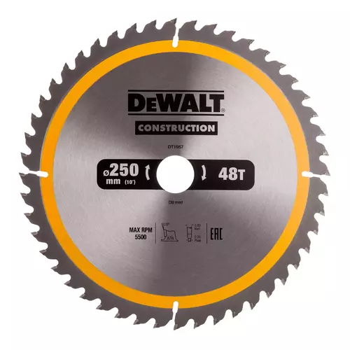 Tarczowa do cięcia drewna ø250x30x2,2mm, grubość cięcia 3,0mm, 48 zębów, CONSTRUCTION DeWALT DT1957 1