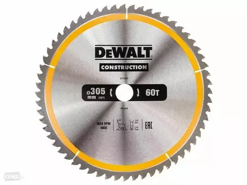 Piła tarczowa do cięcia drewna ø305x30x2,0mm, grubość cięcia 3,0mm, 60 zębów, Construction DeWalt DT1960 1
