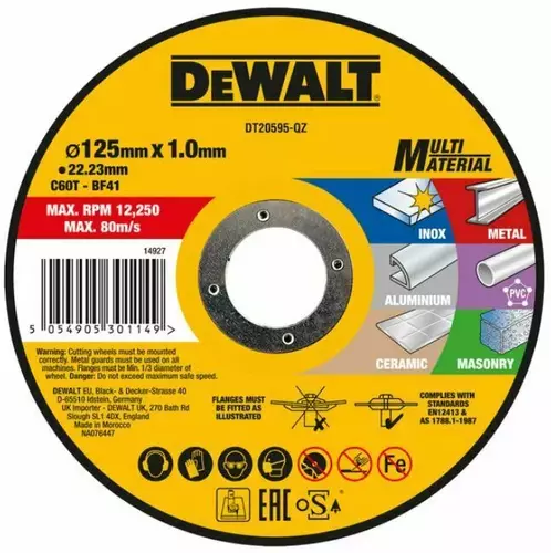 Tarcza do cięcia stali nierdzewnej, metalu, aluminium, PVC, ceramiki i kamienia ø125x1mm DeWalt DT20595 1